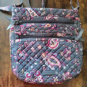 Vera Bradley Quilted Cotton Triple Zipper Hipster Crossbody Bag Floral Gray Pink